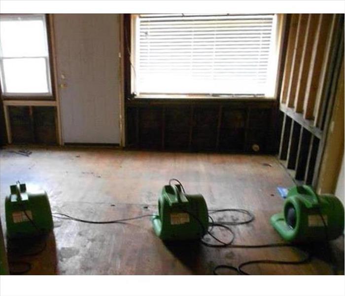 air movers, wood floor, removed drywall from walls