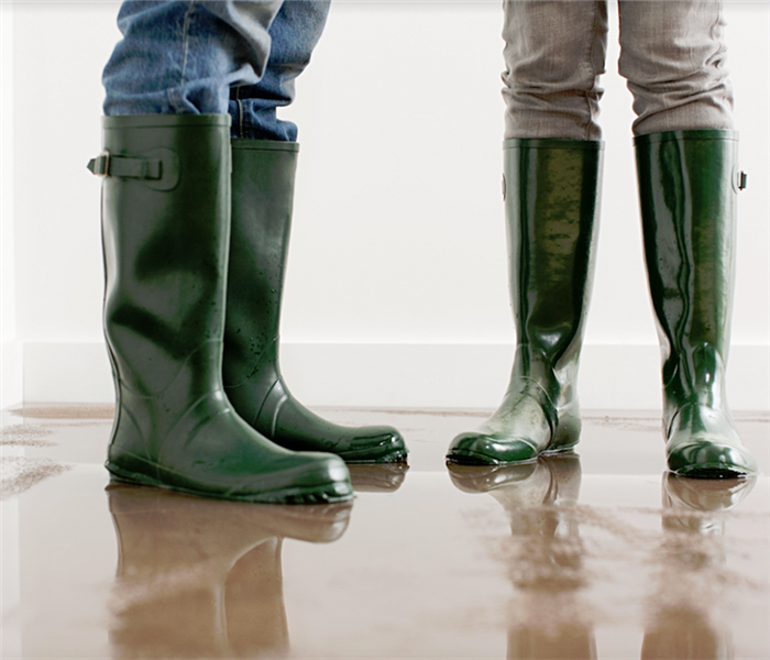 two people standing in rain boots on a water-logged carpet